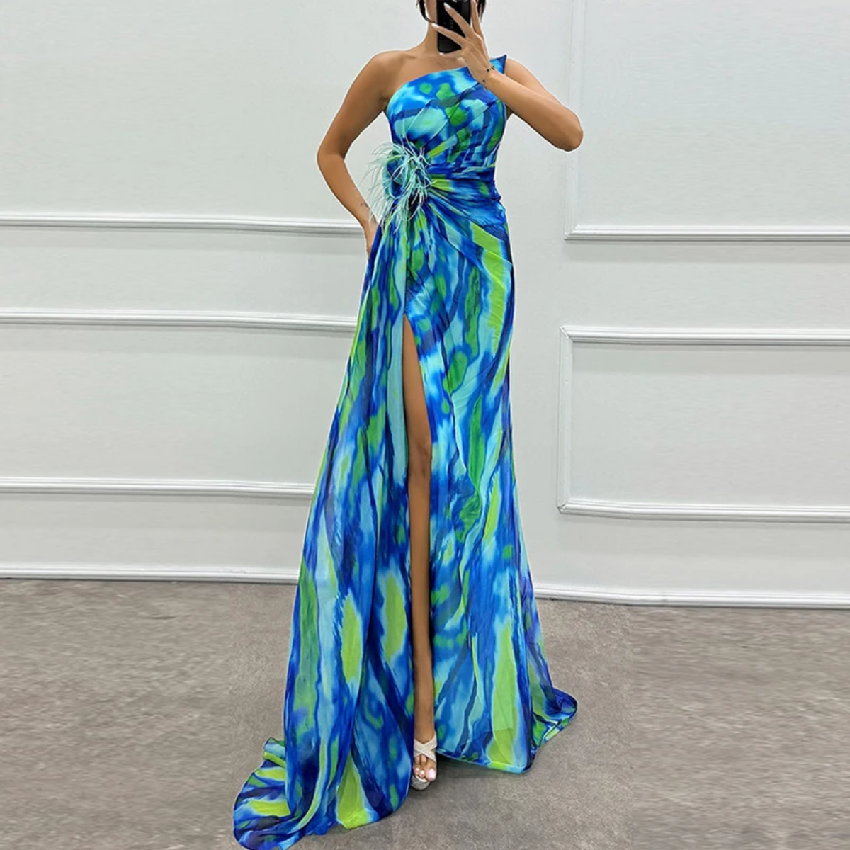 Sexy Sleeveless Backless High Split Contrast Printed Chiffon Dress