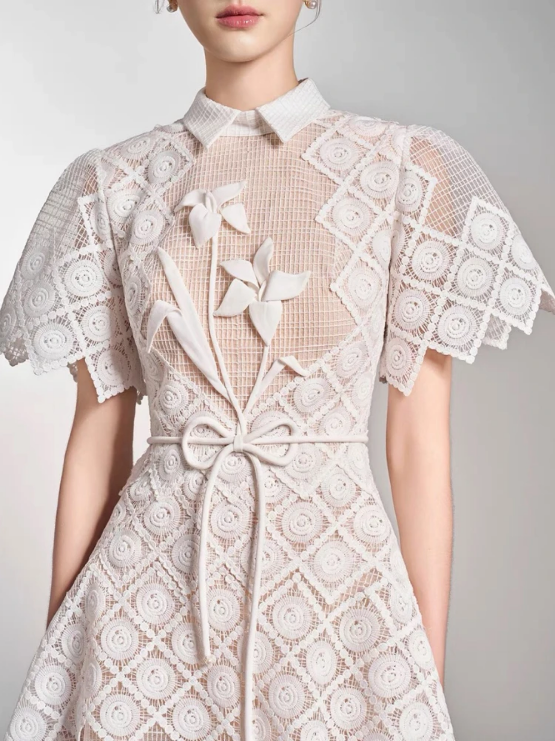 Spring 2024 Elegant Lace Embroidery Hollow 3d Flower Lace-up Turn-down Collar Short Sleeve High Waist A- line Dress