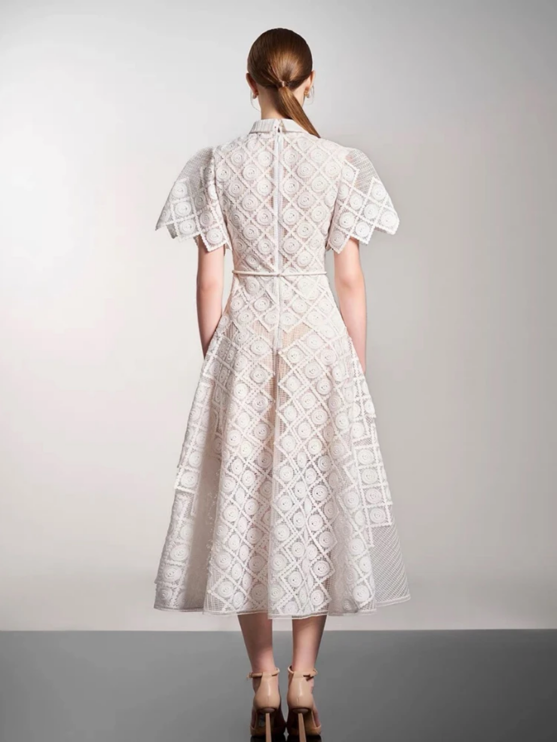 Spring 2024 Elegant Lace Embroidery Hollow 3d Flower Lace-up Turn-down Collar Short Sleeve High Waist A- line Dress