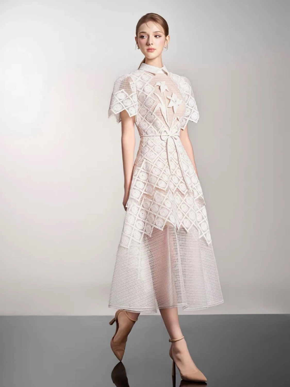 Spring 2024 Elegant Lace Embroidery Hollow 3d Flower Lace-up Turn-down Collar Short Sleeve High Waist A- line Dress