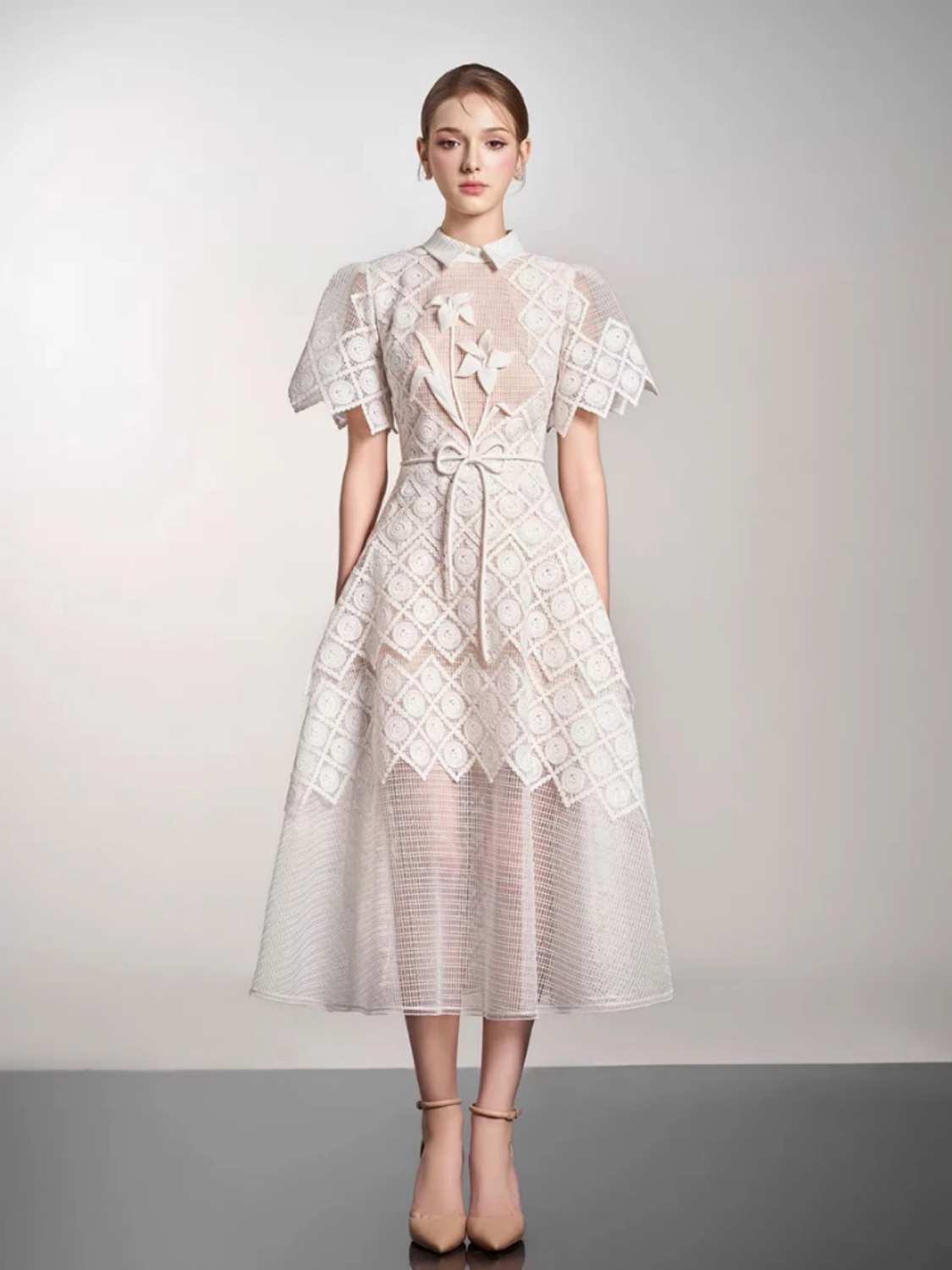 Spring 2024 Elegant Lace Embroidery Hollow 3d Flower Lace-up Turn-down Collar Short Sleeve High Waist A- line Dress