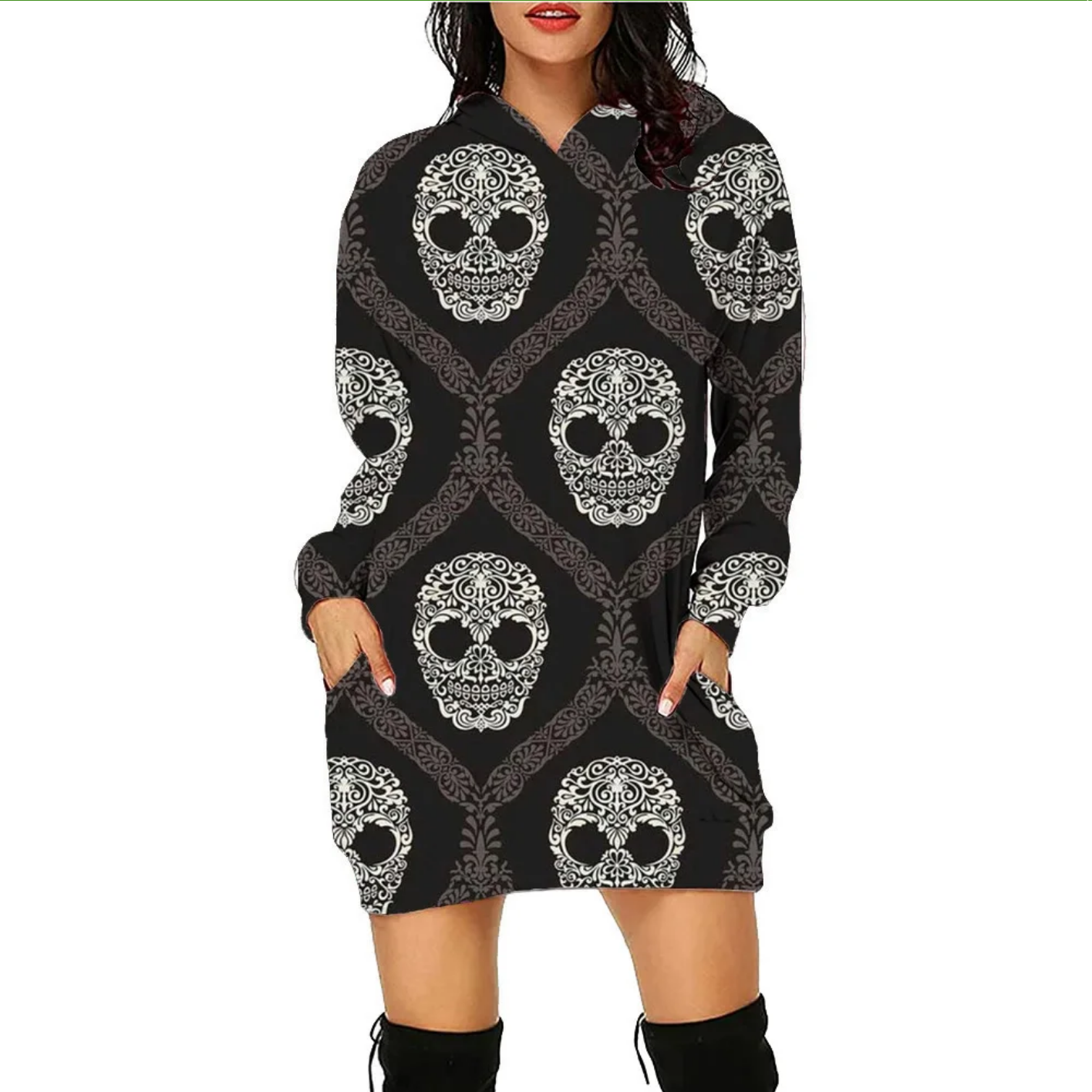 Grey Skull Halloween Printed Hoodie Dress