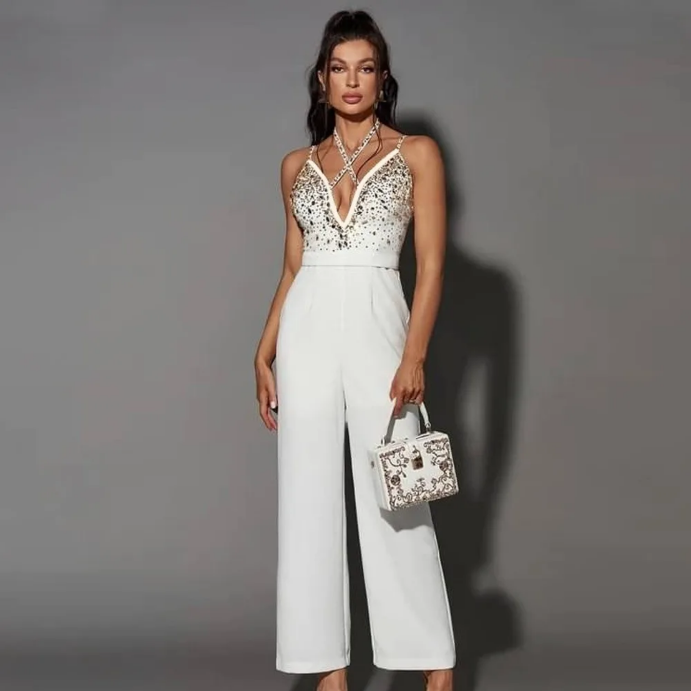 White Fashion Rhinestone V Neck Jumpsuits