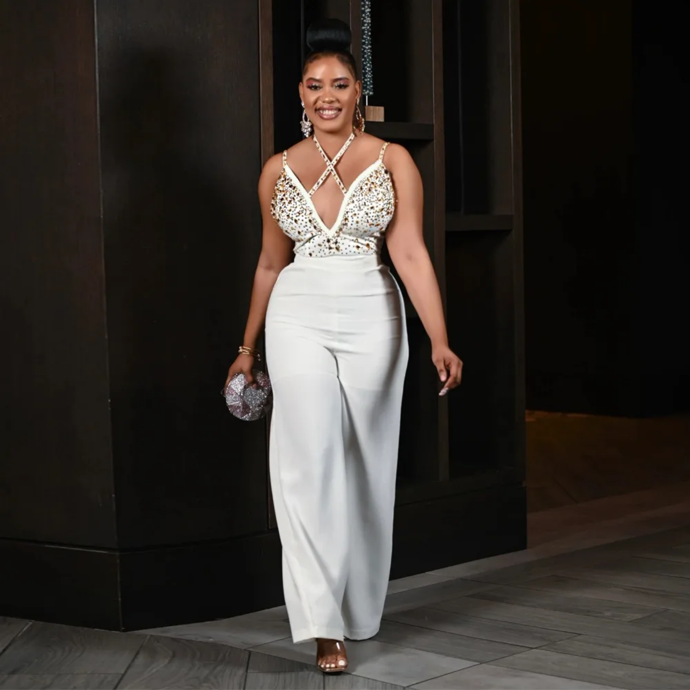 White Fashion Rhinestone V Neck Jumpsuits