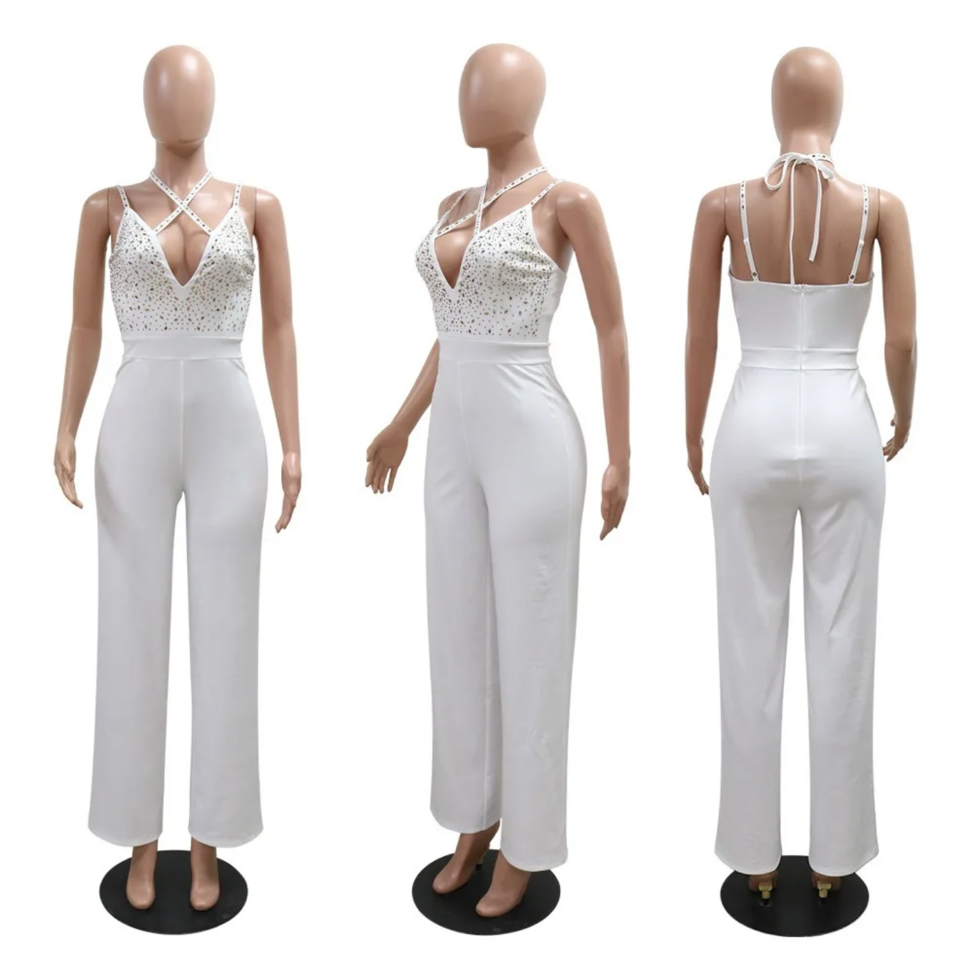 White Fashion Rhinestone V Neck Jumpsuits