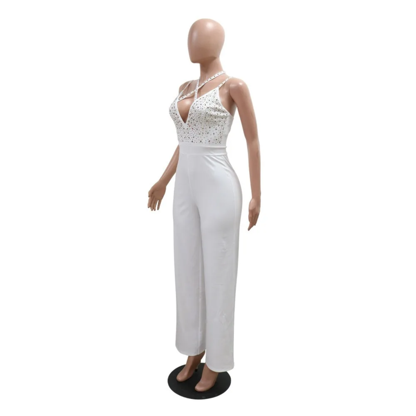 White Fashion Rhinestone V Neck Jumpsuits