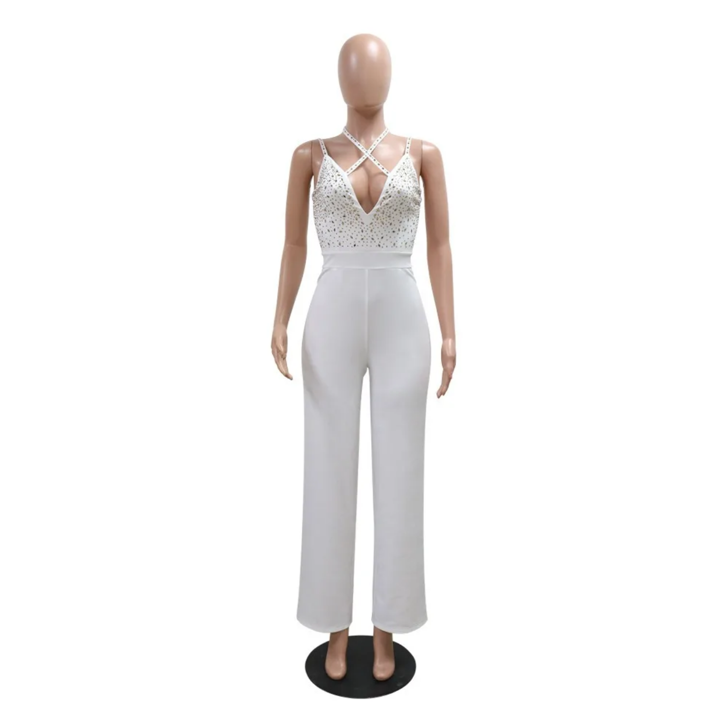 White Fashion Rhinestone V Neck Jumpsuits