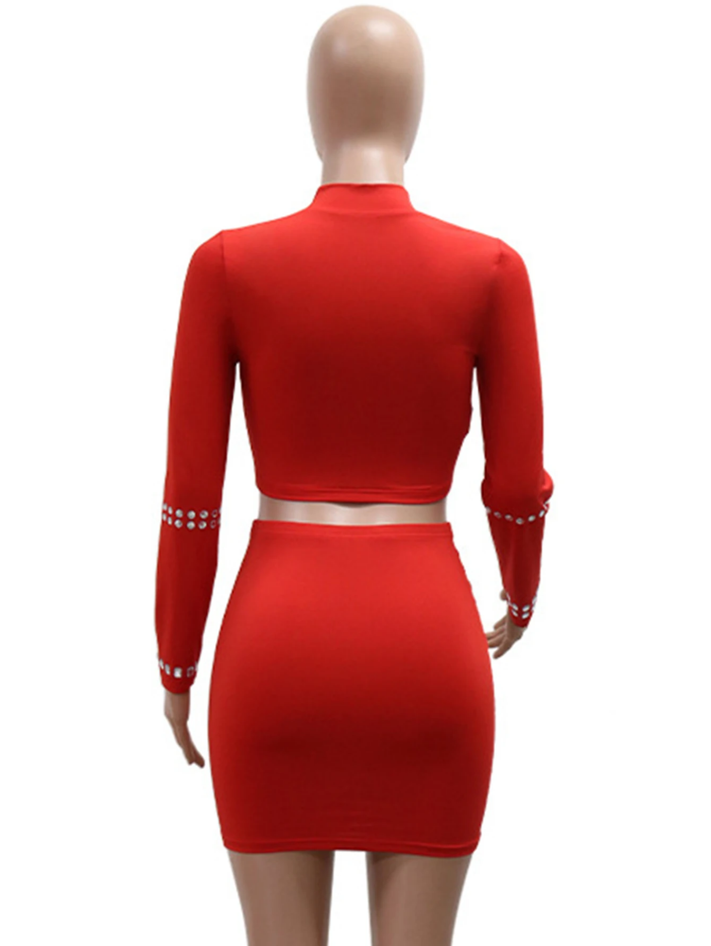 Sexy Elegant Long Sleeve Rhinestone  Red Mini Summer 2 Piece Set