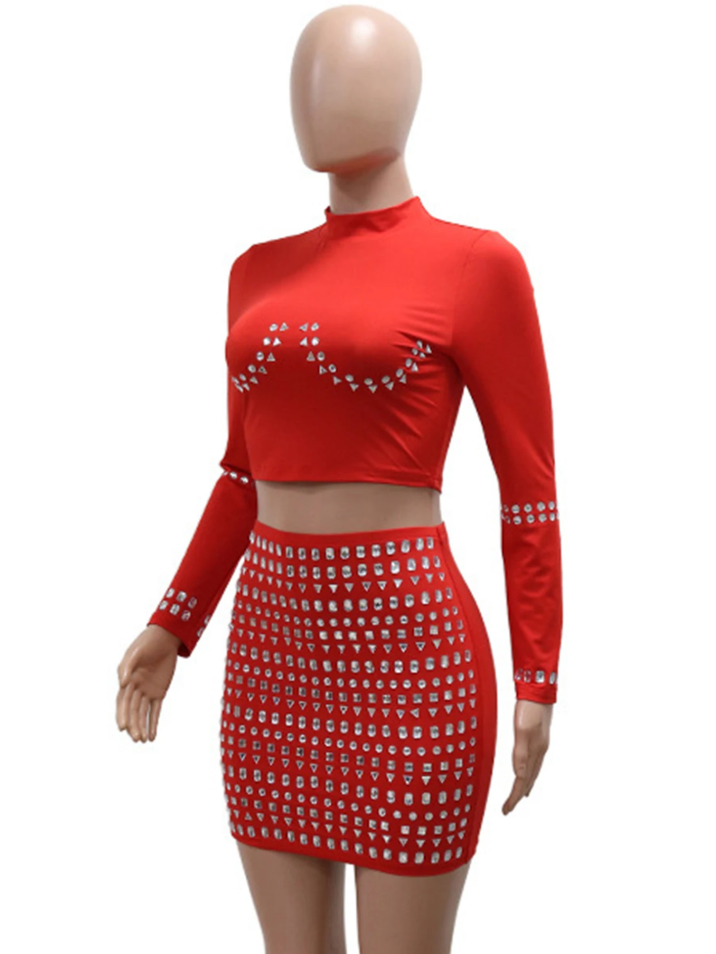 Sexy Elegant Long Sleeve Rhinestone  Red Mini Summer 2 Piece Set