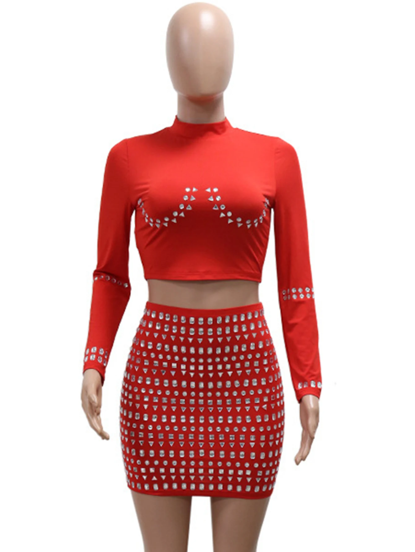 Sexy Elegant Long Sleeve Rhinestone  Red Mini Summer 2 Piece Set