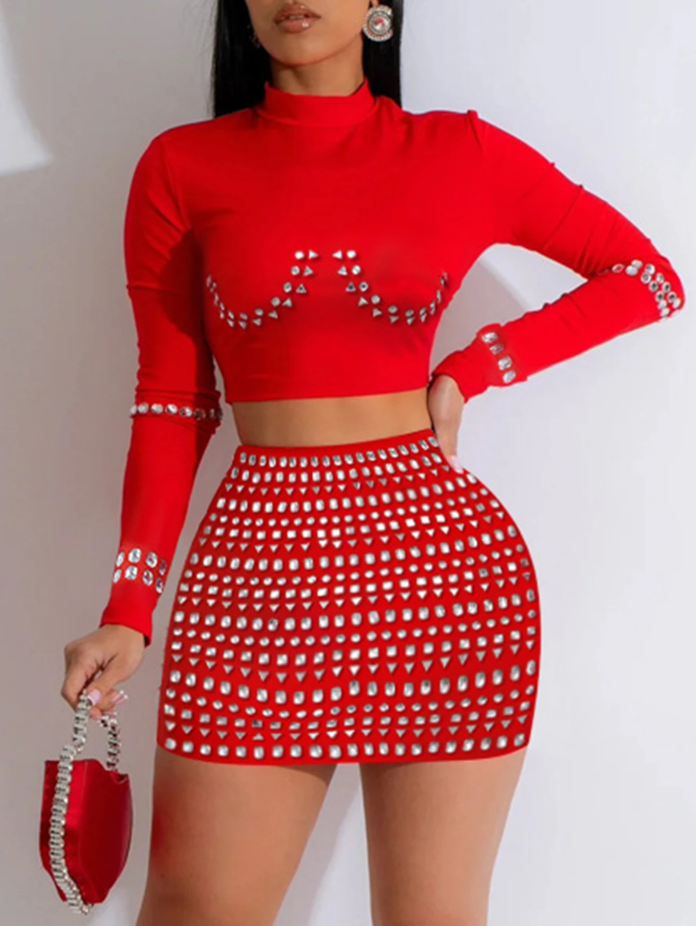 Sexy Elegant Long Sleeve Rhinestone  Red Mini Summer 2 Piece Set