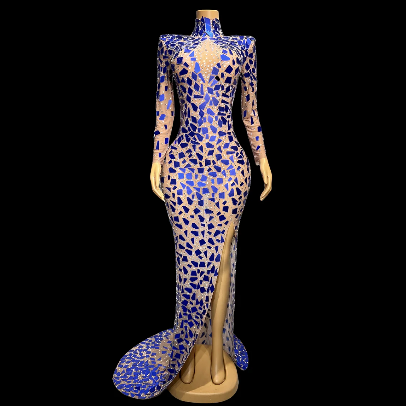 Fashion Rhinestones Performance Blue Mirrors Transparent Long Train Dress