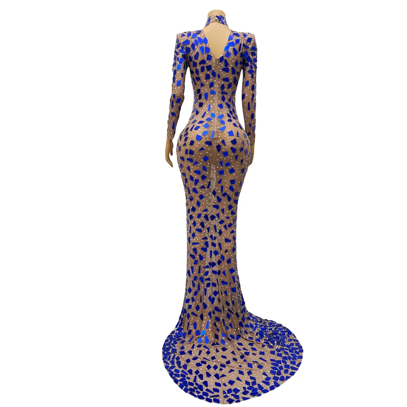 Fashion Rhinestones Performance Blue Mirrors Transparent Long Train Dress