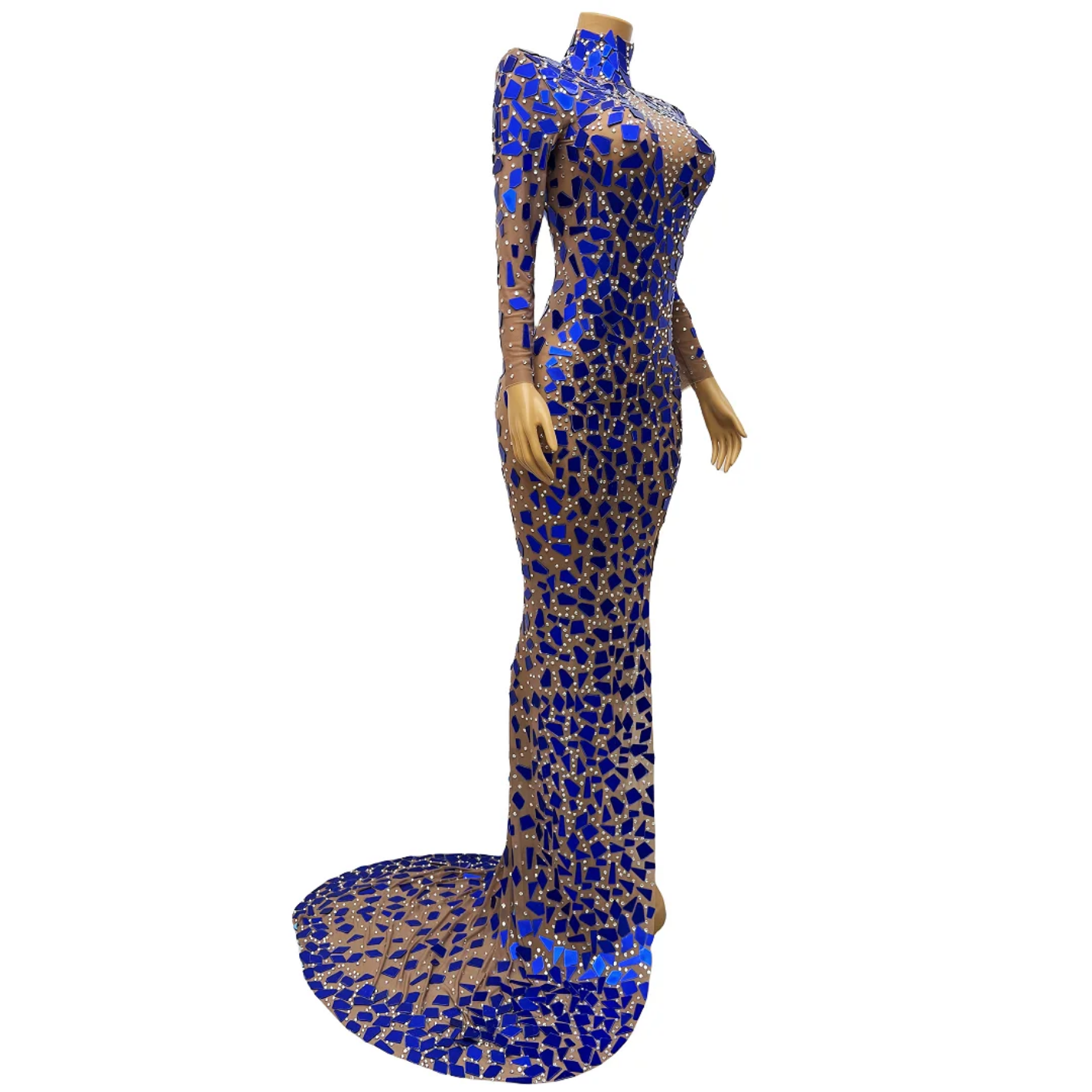 Fashion Rhinestones Performance Blue Mirrors Transparent Long Train Dress