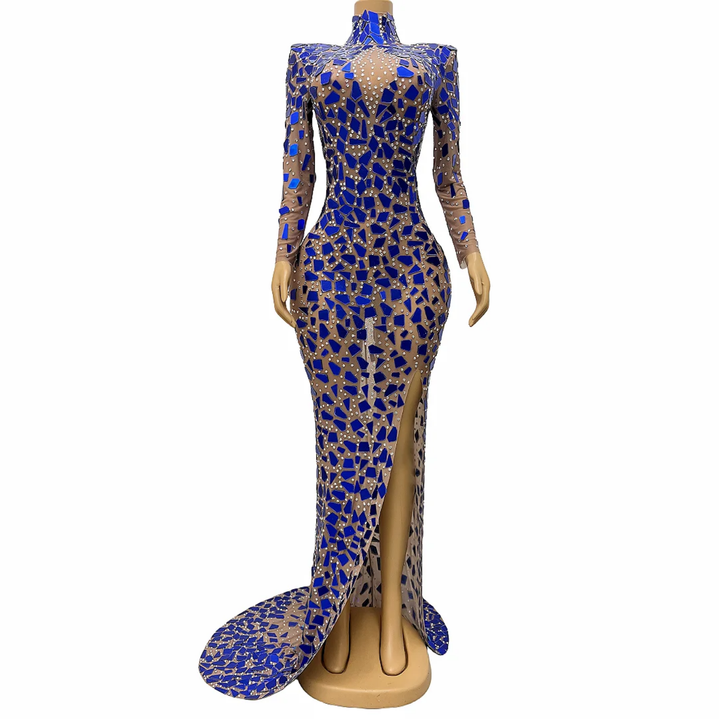 Fashion Rhinestones Performance Blue Mirrors Transparent Long Train Dress