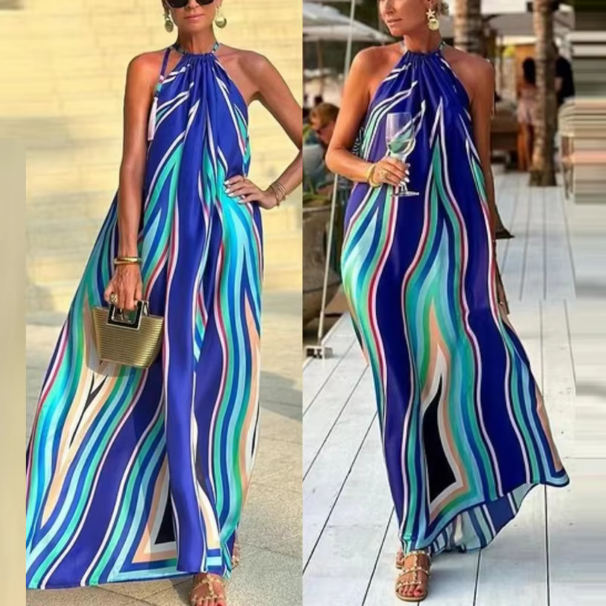 Sexy Evening Off Shoulder Blue Striped Loose Maxi Dress