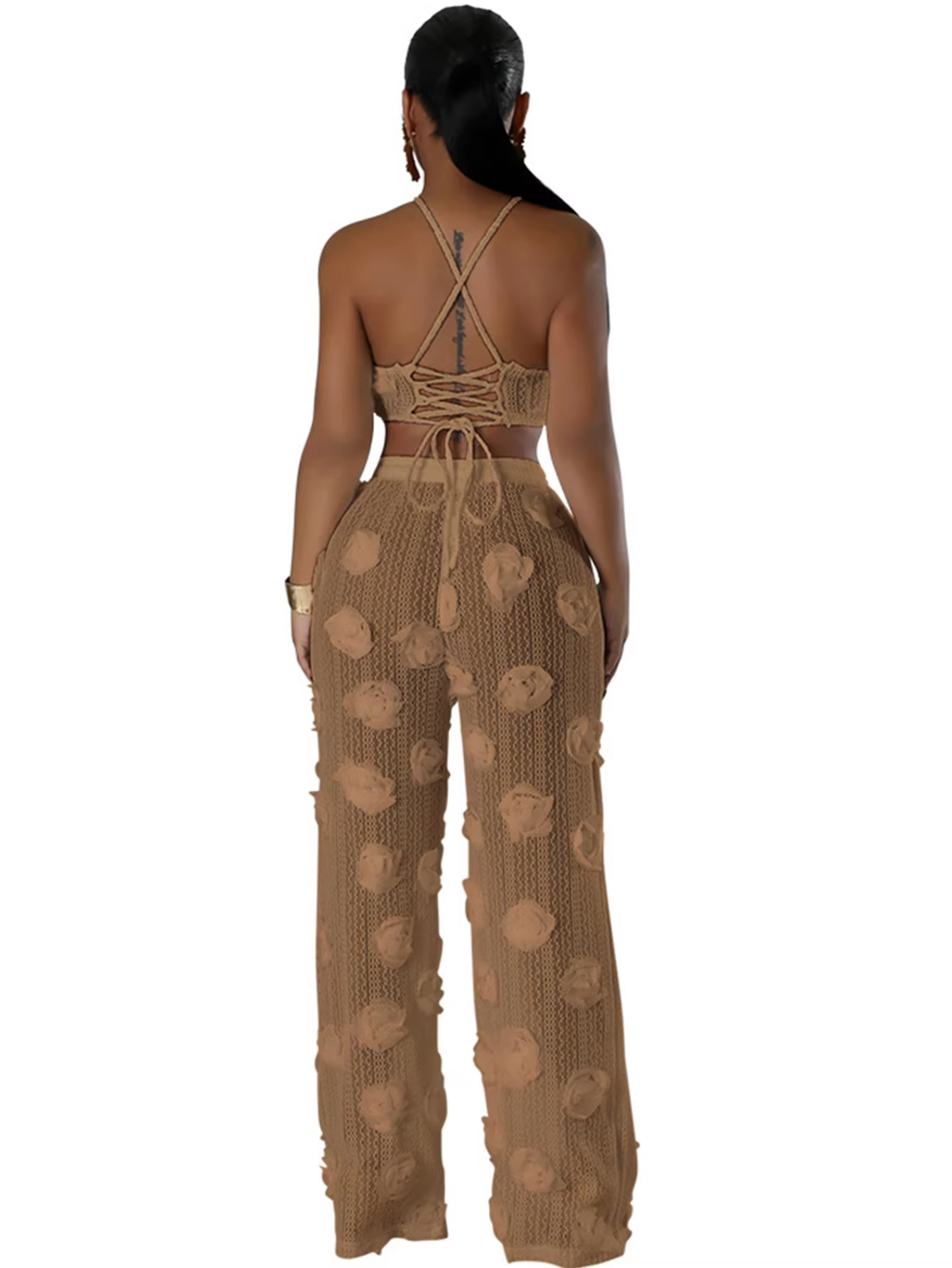 Sexy See Through Lace Up Wide Leg Pants Sets