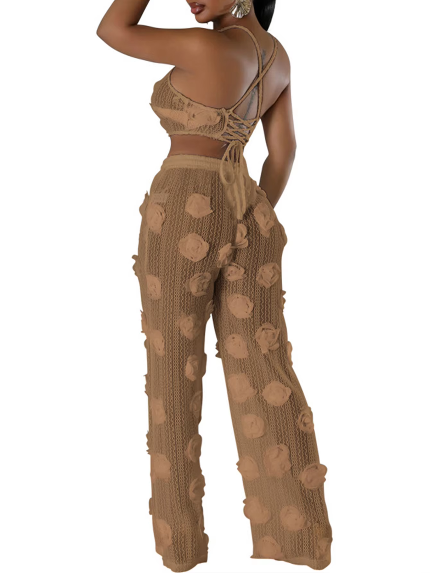 Sexy See Through Lace Up Wide Leg Pants Sets