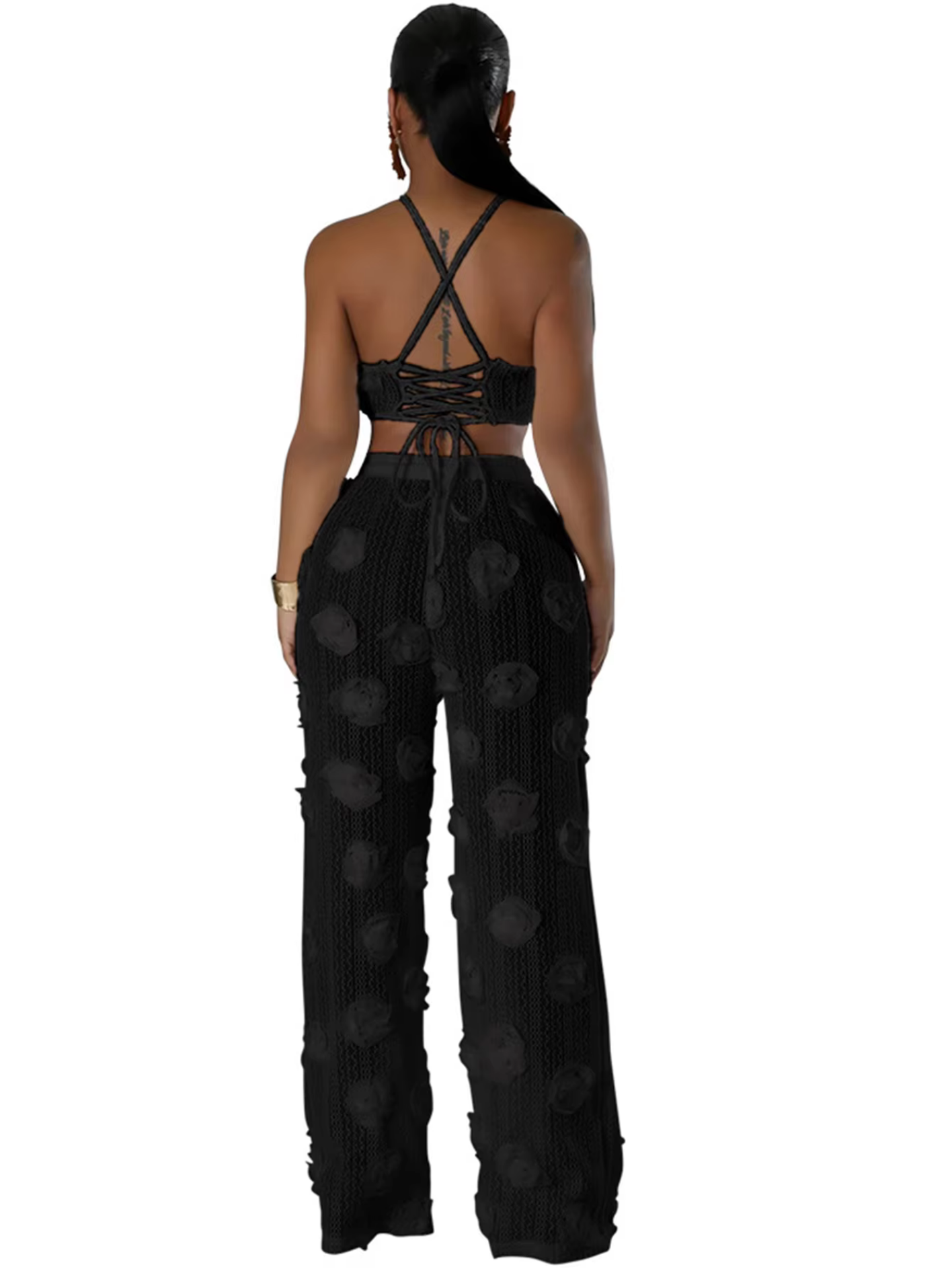 Sexy See Through Lace Up Wide Leg Pants Sets