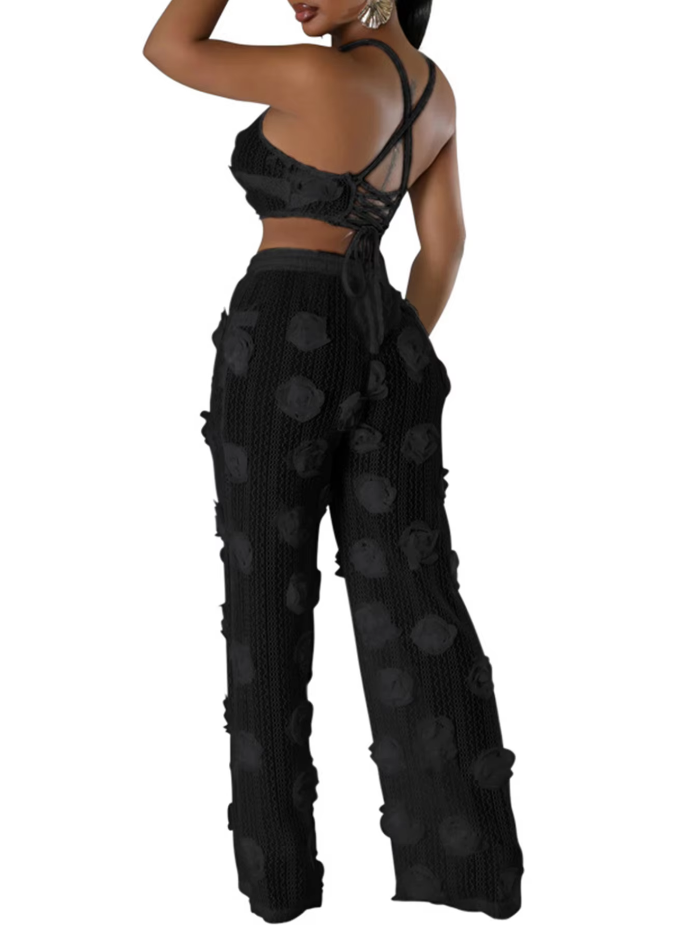 Sexy See Through Lace Up Wide Leg Pants Sets