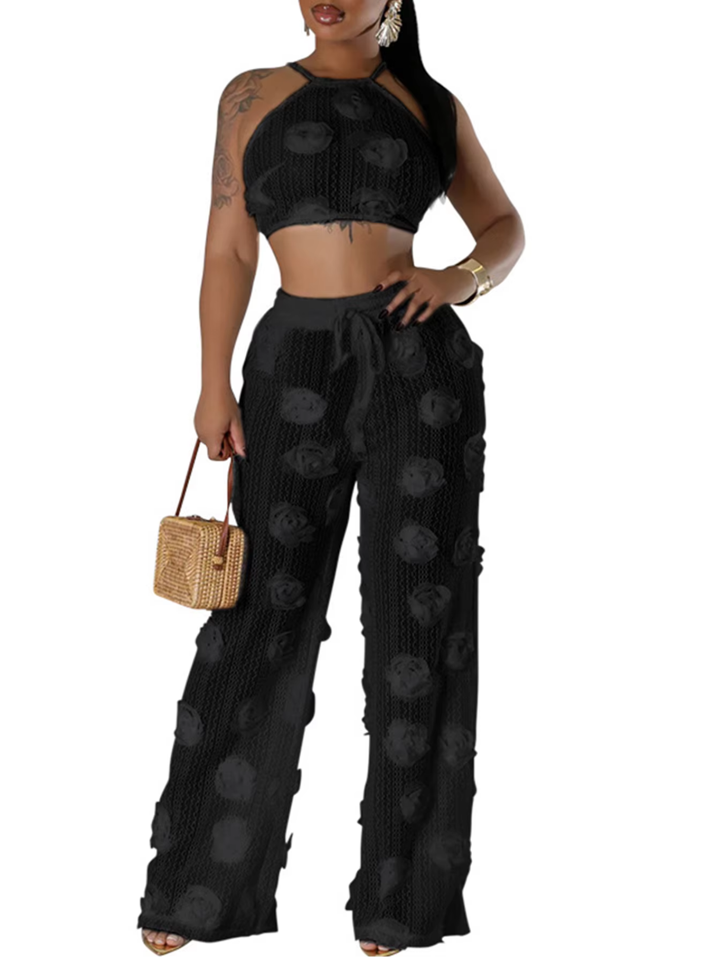 Sexy See Through Lace Up Wide Leg Pants Sets