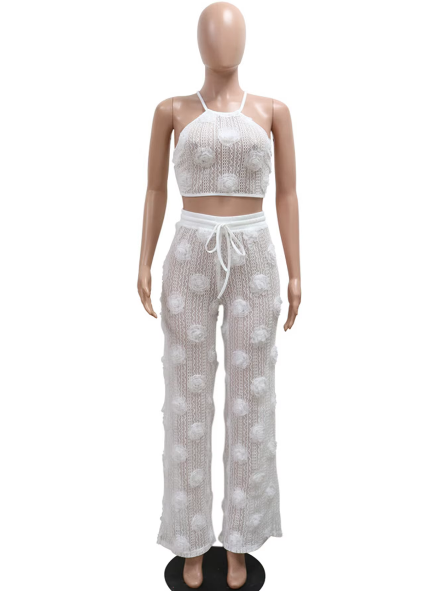 Sexy See Through Lace Up Wide Leg Pants Sets