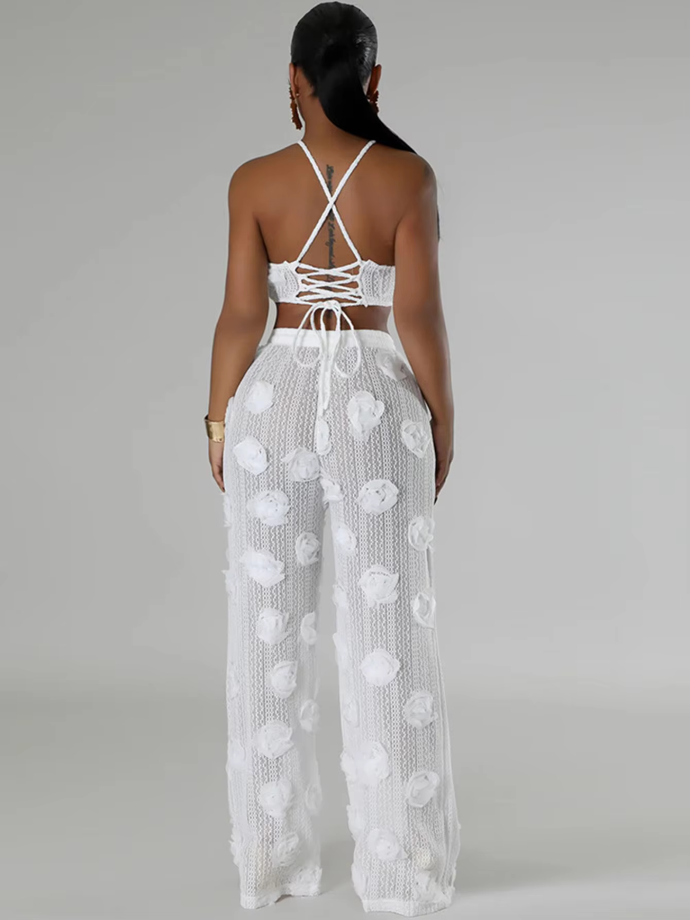 Sexy See Through Lace Up Wide Leg Pants Sets