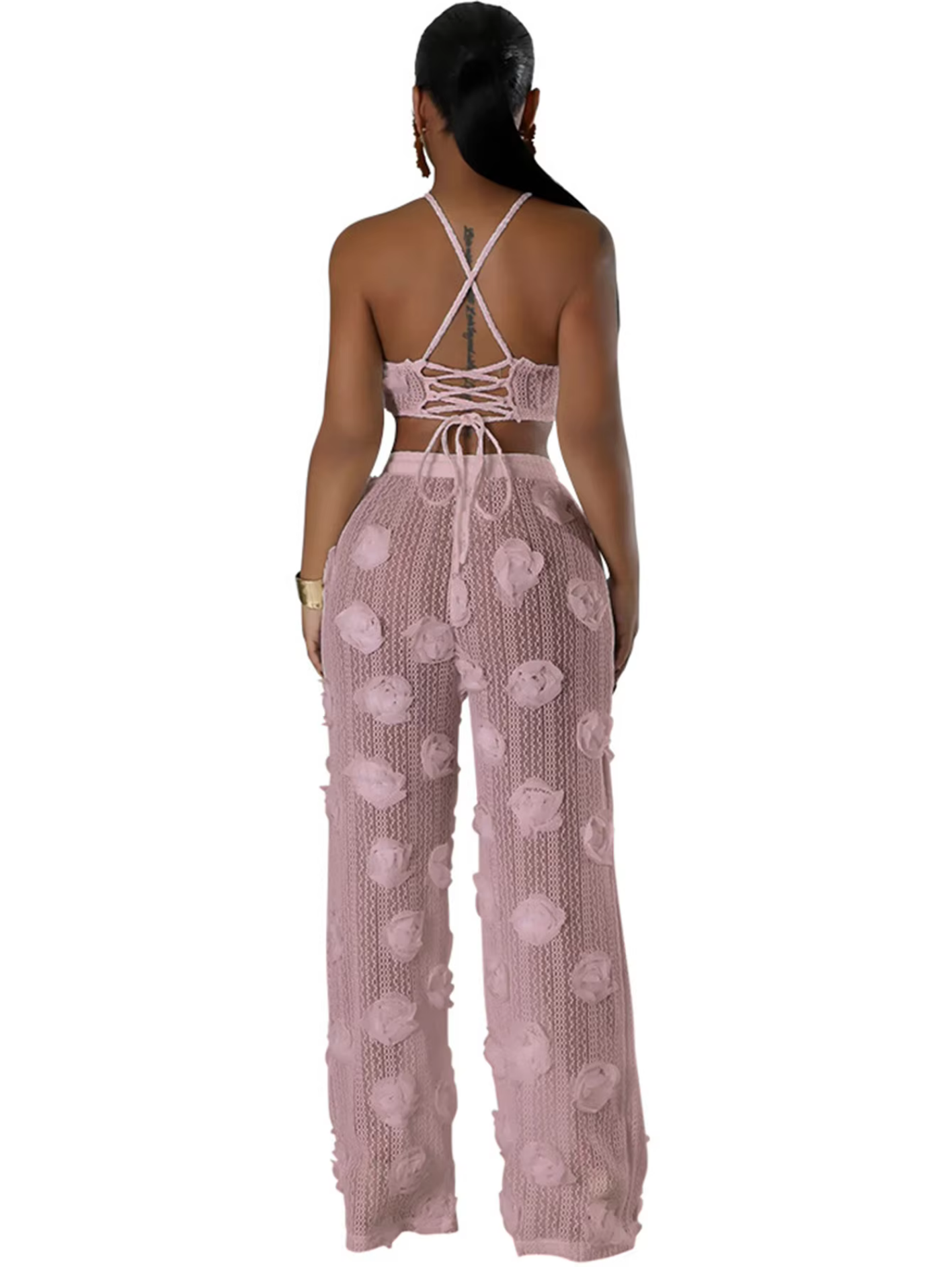 Sexy See Through Lace Up Wide Leg Pants Sets