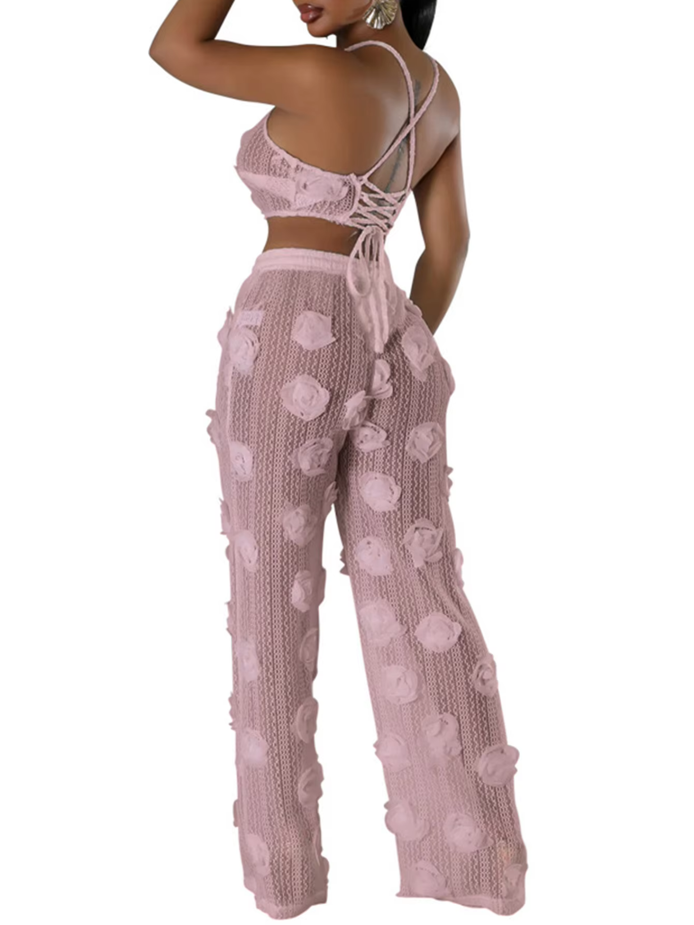 Sexy See Through Lace Up Wide Leg Pants Sets