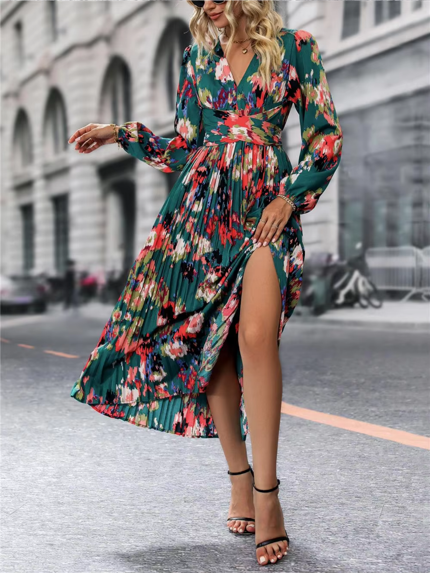 Autumn Winter Fashion Long Sleeve Print Elegant V-neck Chiffon Casual A-Line Knee Length High Waist Dress