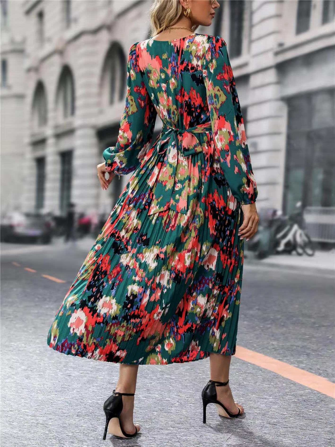 Autumn Winter Fashion Long Sleeve Print Elegant V-neck Chiffon Casual A-Line Knee Length High Waist Dress