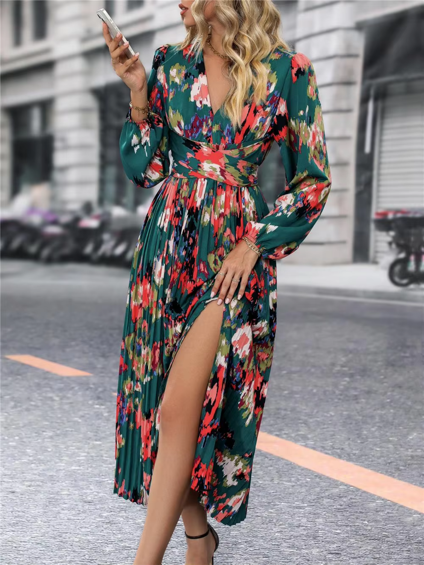 Autumn Winter Fashion Long Sleeve Print Elegant V-neck Chiffon Casual A-Line Knee Length High Waist Dress