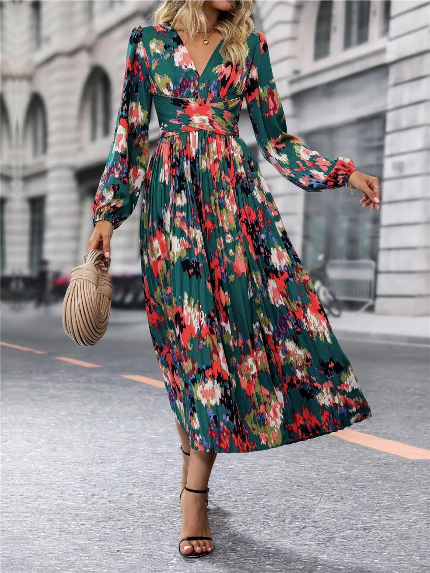 Autumn Winter Fashion Long Sleeve Print Elegant V-neck Chiffon Casual A-Line Knee Length High Waist Dress