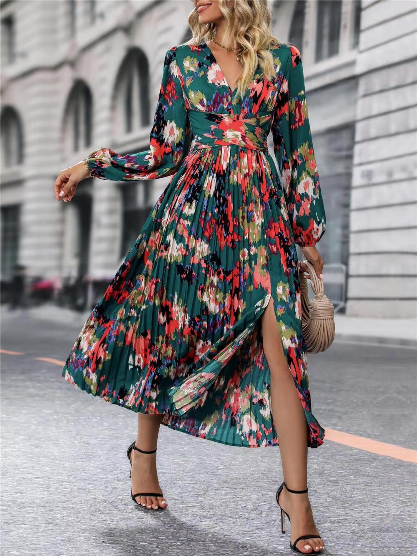 Autumn Winter Fashion Long Sleeve Print Elegant V-neck Chiffon Casual A-Line Knee Length High Waist Dress