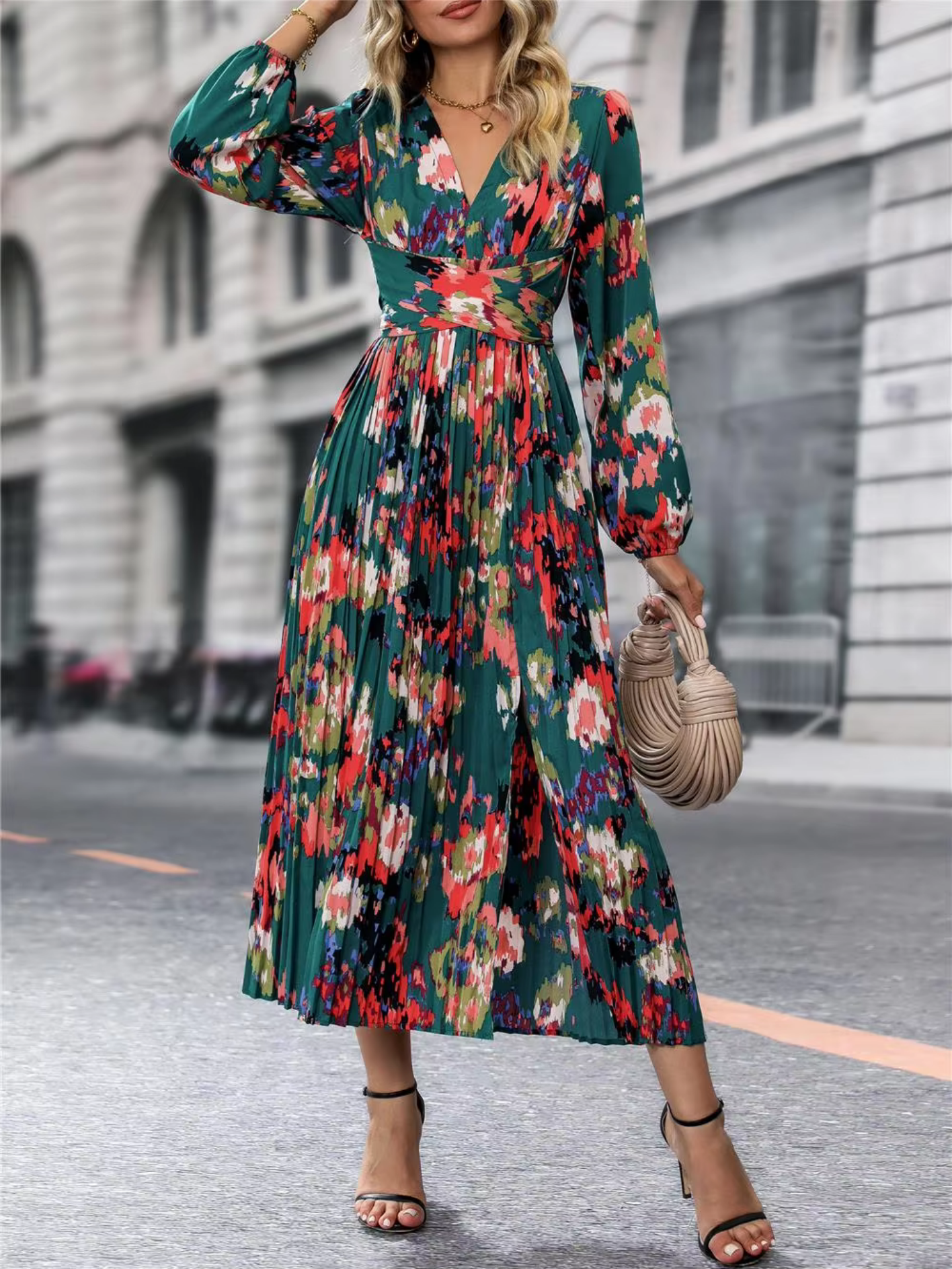 Autumn Winter Fashion Long Sleeve Print Elegant V-neck Chiffon Casual A-Line Knee Length High Waist Dress