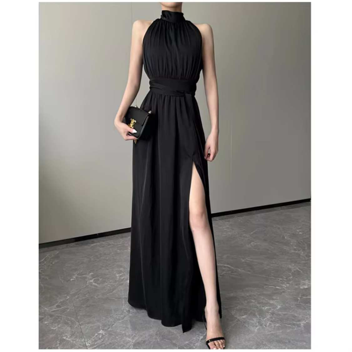 Summer Sleeveless Black Long  High Split A-line Dress