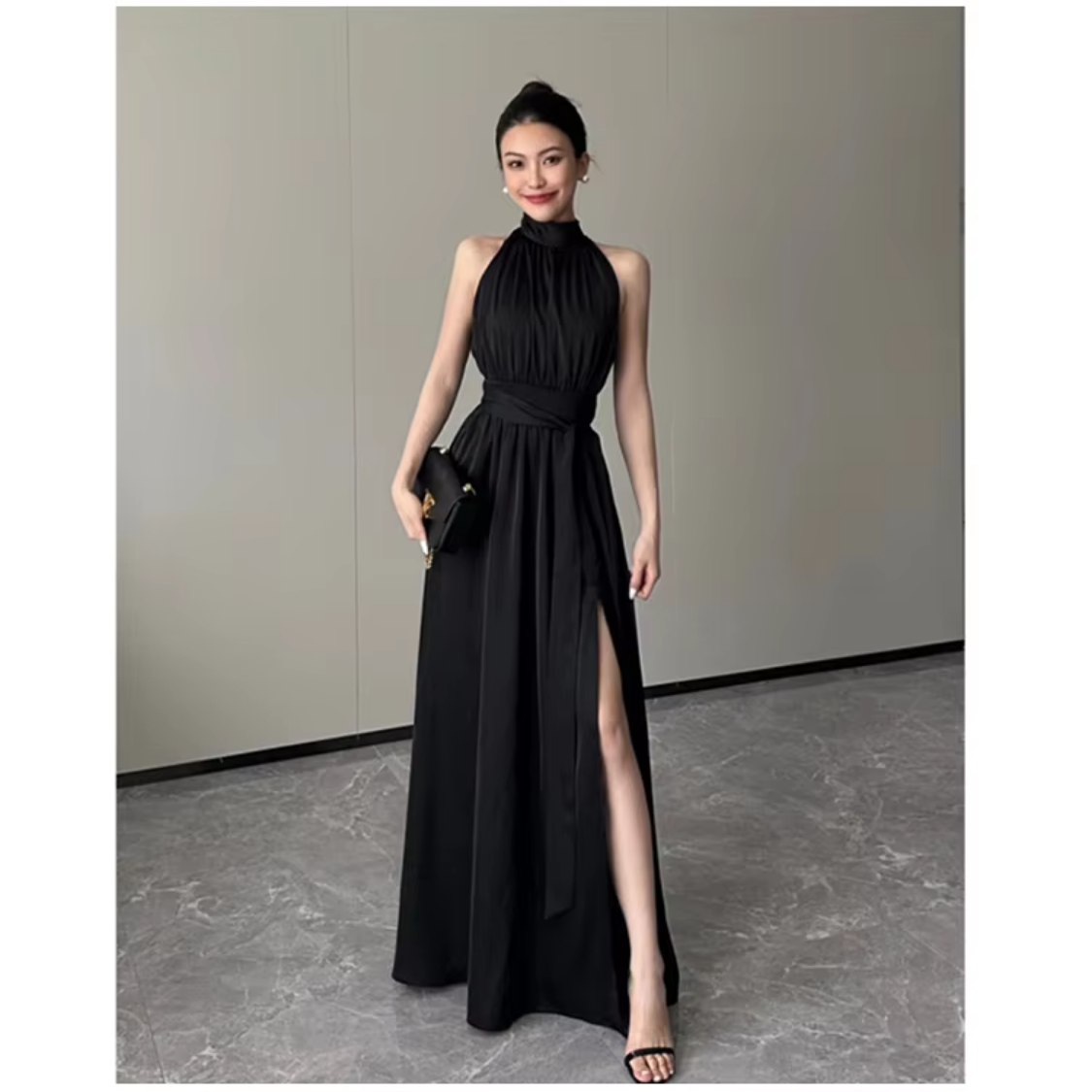 Summer Sleeveless Black Long  High Split A-line Dress