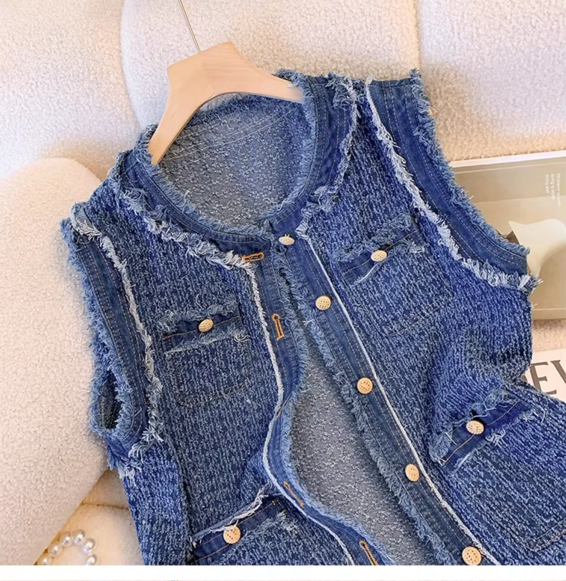 Blue Spring Autumn Flow Sleeveless Single Breasted Plaid Denim Vest