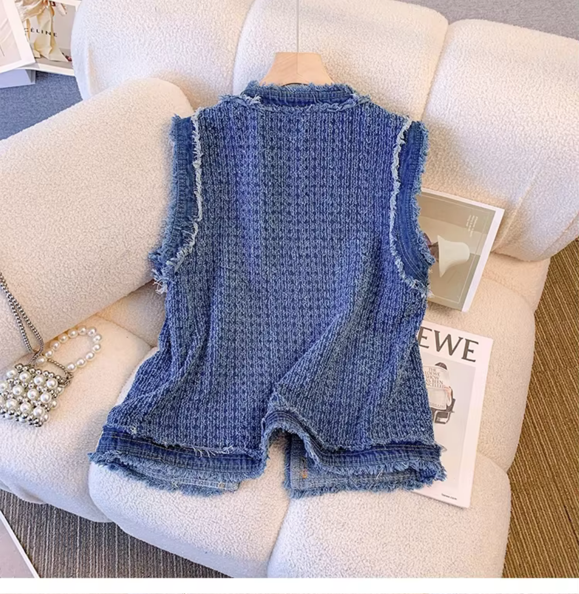 Blue Spring Autumn Flow Sleeveless Single Breasted Plaid Denim Vest