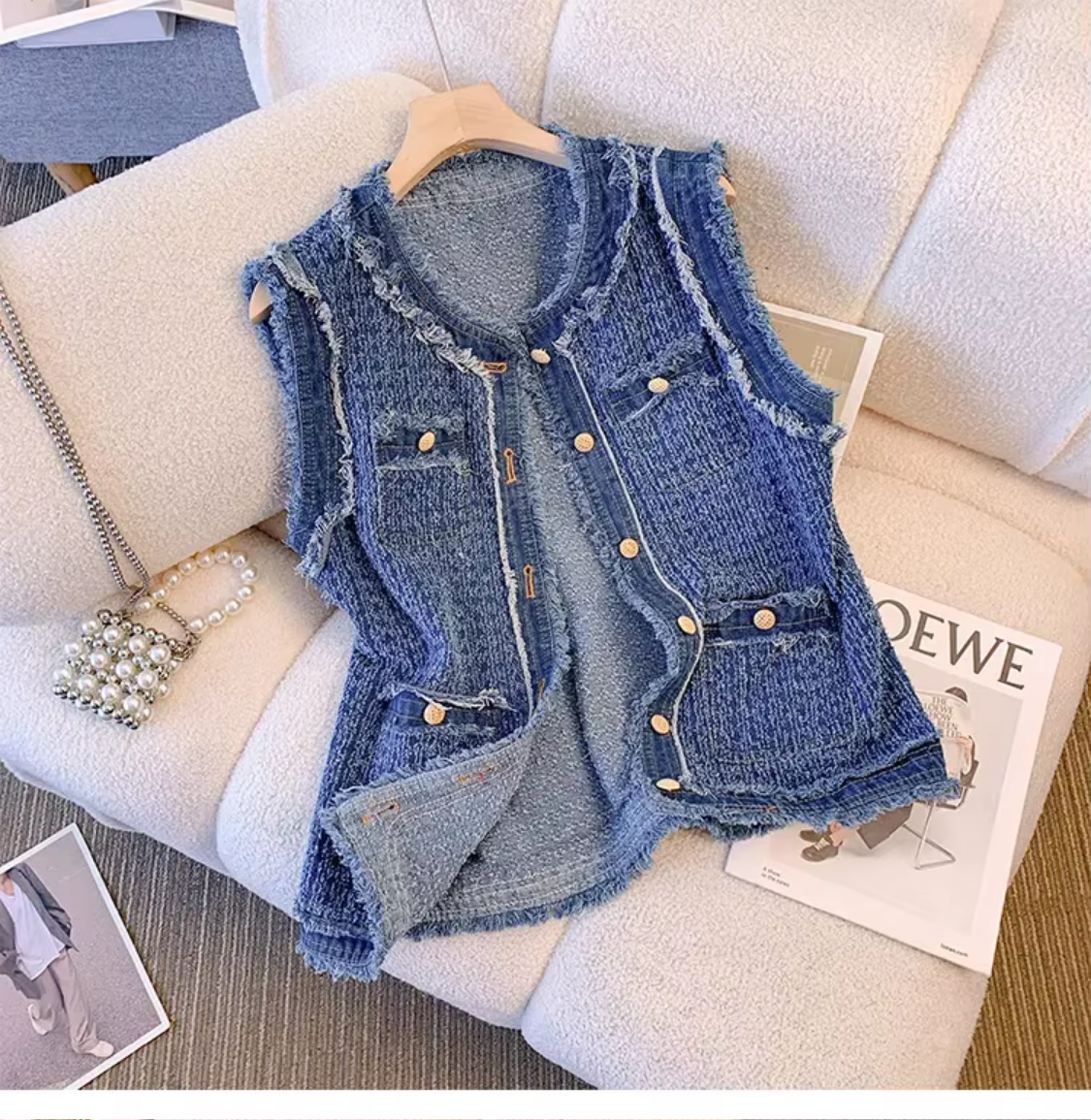 Blue Spring Autumn Flow Sleeveless Single Breasted Plaid Denim Vest