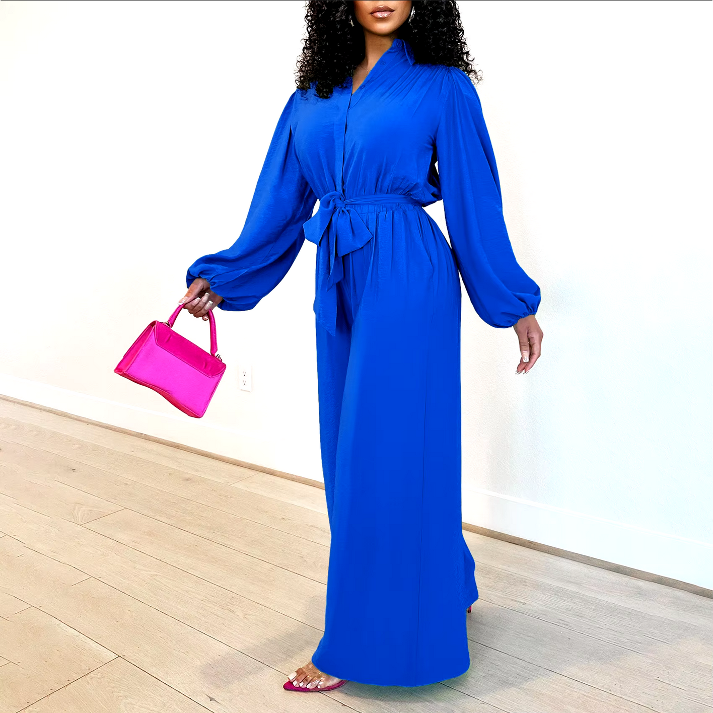 Full Sleeve V-neck belt Wide Leg Straight Jumpsuits