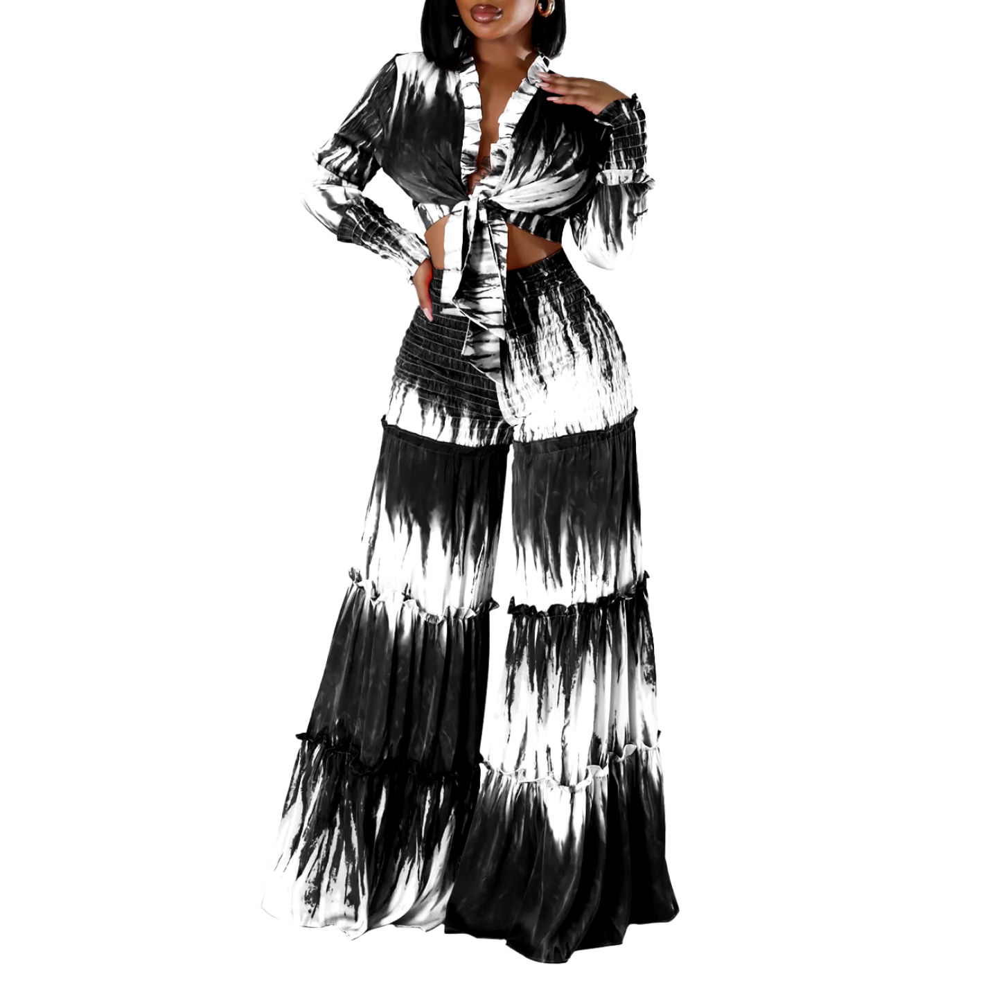 2024 Fall Street Gradient Printed Tie Up Long Sleeve Shirt +wide Leg Pants