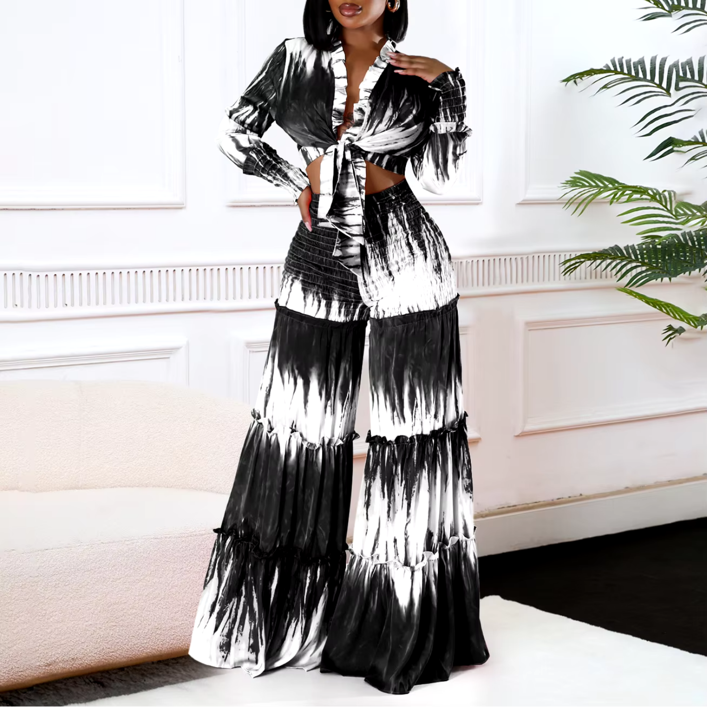 2024 Fall Street Gradient Printed Tie Up Long Sleeve Shirt +wide Leg Pants