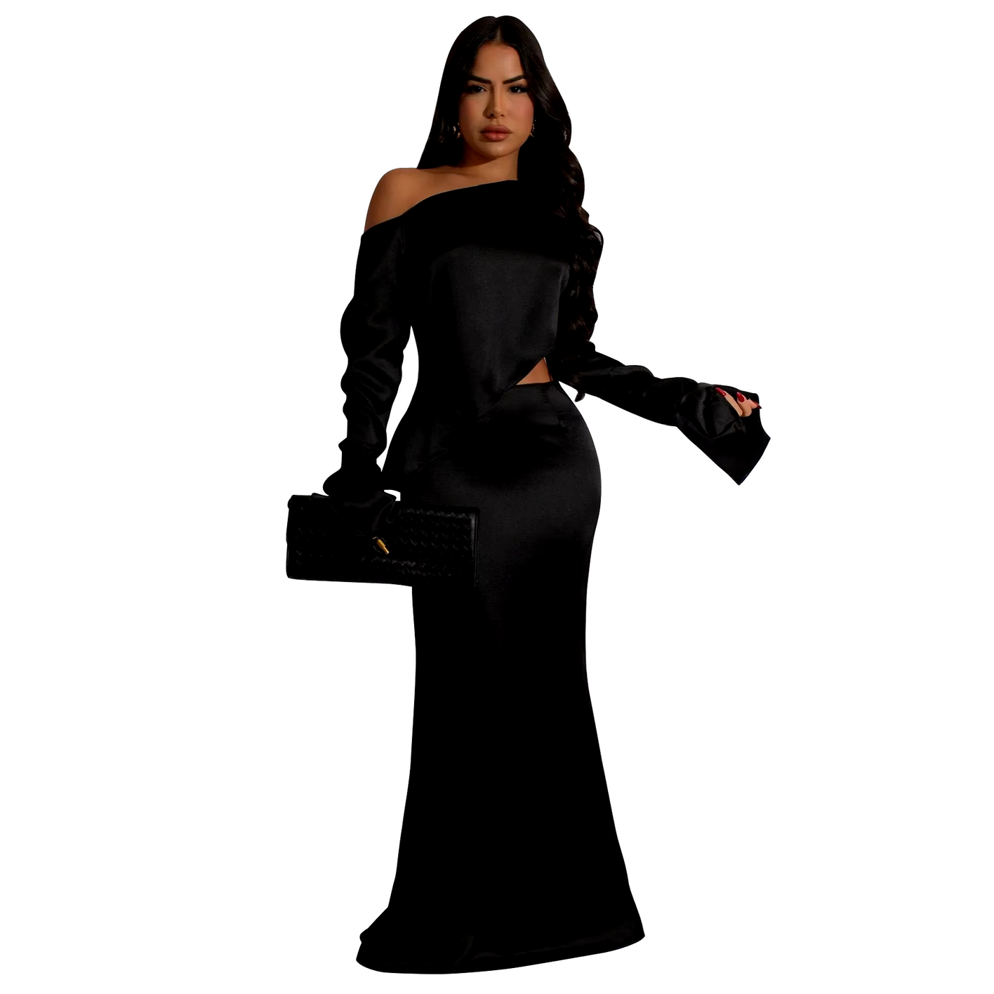 2024 Streetwear Skew Collar Full Sleeve Top + Long Skirts Set