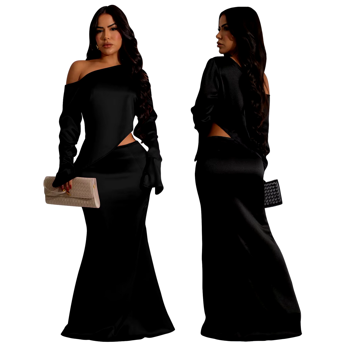 2024 Streetwear Skew Collar Full Sleeve Top + Long Skirts Set