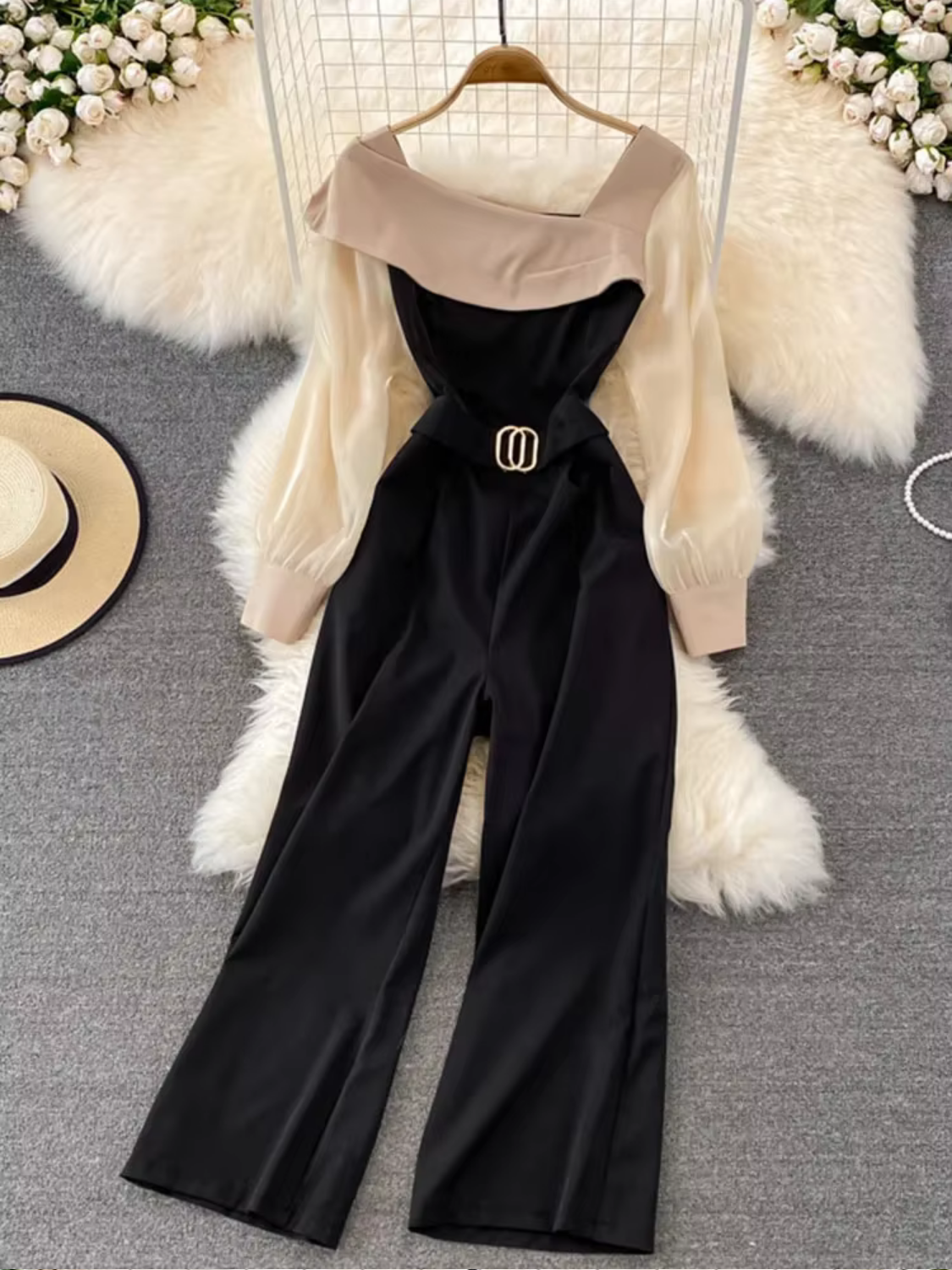 Spring Autumn Elegant Slim High Waist Patchwork Loose Wide Leg Pants Jumpsuits