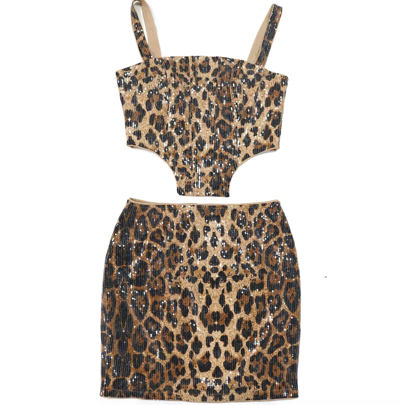 Sexy Leopard Print Sequin Irregular Tank Top And Mini Skirts Club Suits