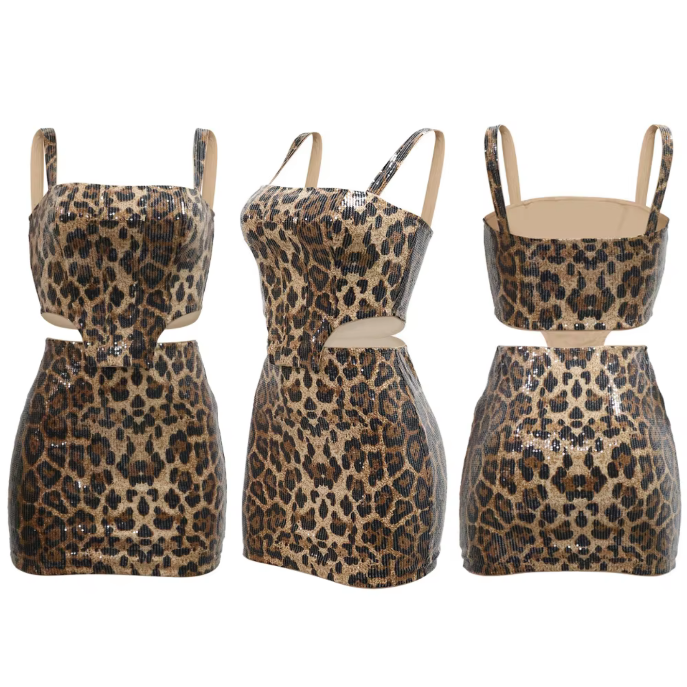 Sexy Leopard Print Sequin Irregular Tank Top And Mini Skirts Club Suits