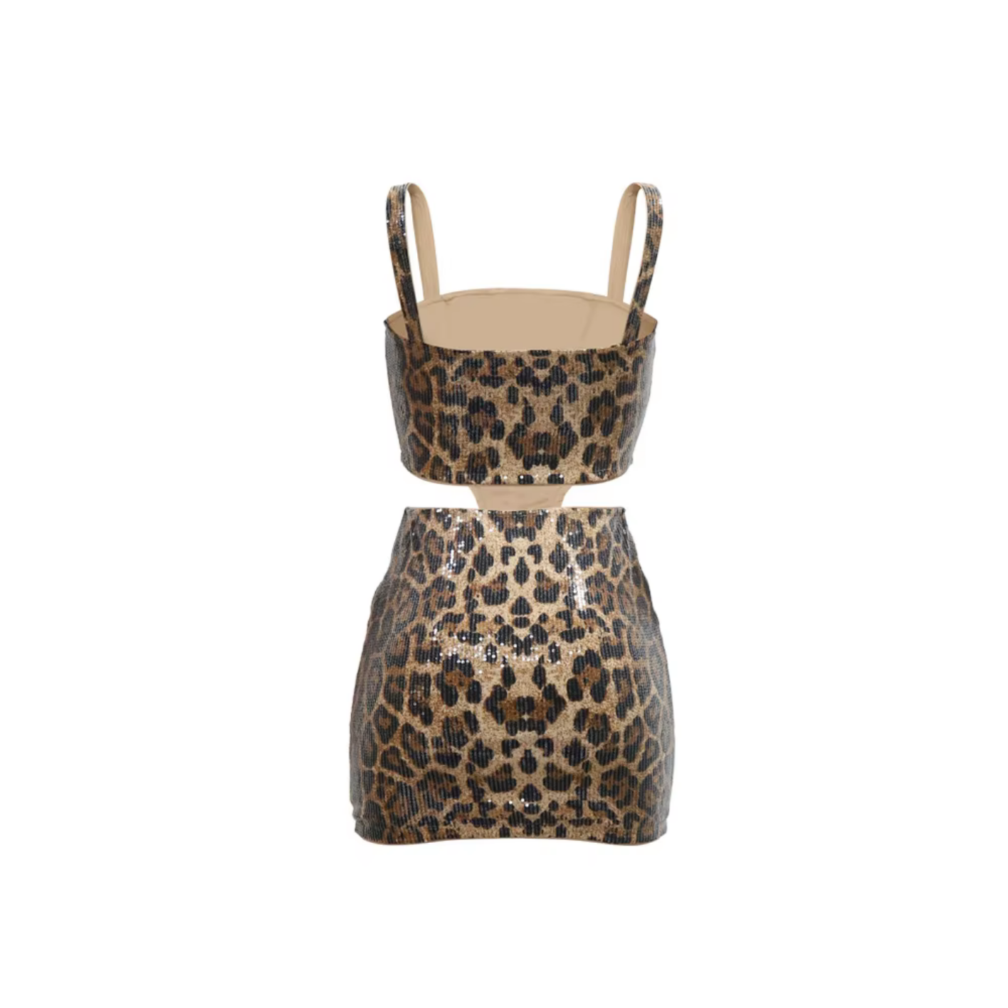 Sexy Leopard Print Sequin Irregular Tank Top And Mini Skirts Club Suits