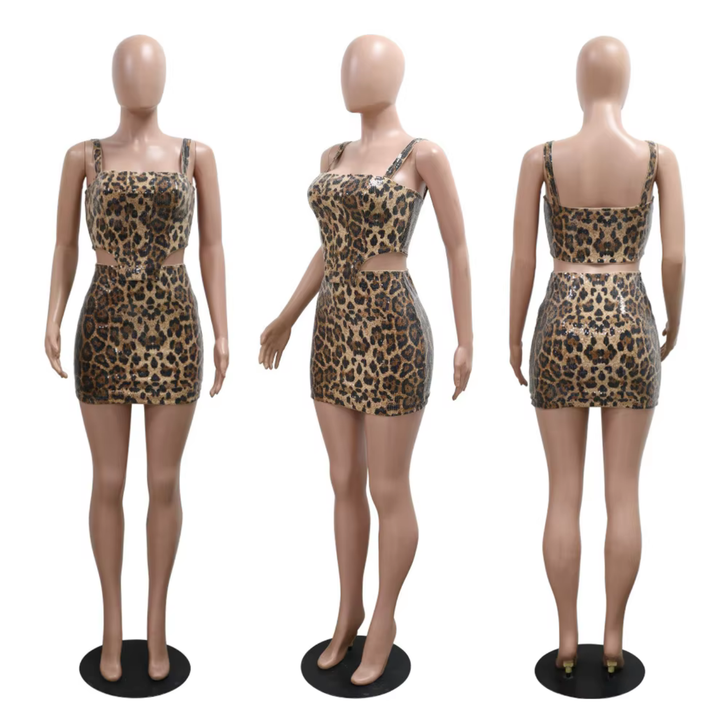 Sexy Leopard Print Sequin Irregular Tank Top And Mini Skirts Club Suits